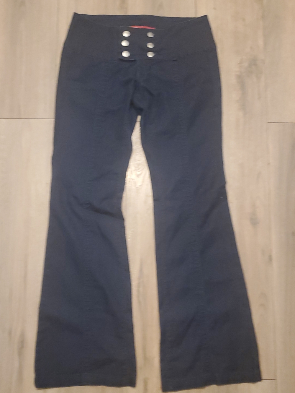 Low-Waist Navy Flare Pants with Button Detail